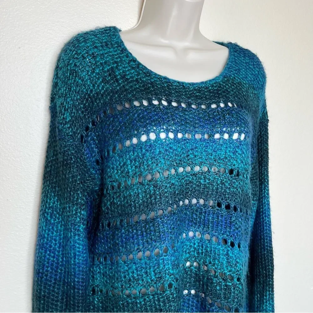 Chicos Open Weave Ombre Stripe Green Blue Scoop Neck Sweater Women Size Medium - Picture 2 of 12